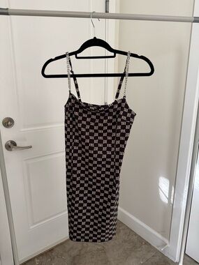 Stylish Black and Cream Patterned Dress with Chain Straps